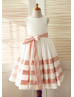 Ivory Taffeta Pink Stripes Knee Length Flower Girl Dress  